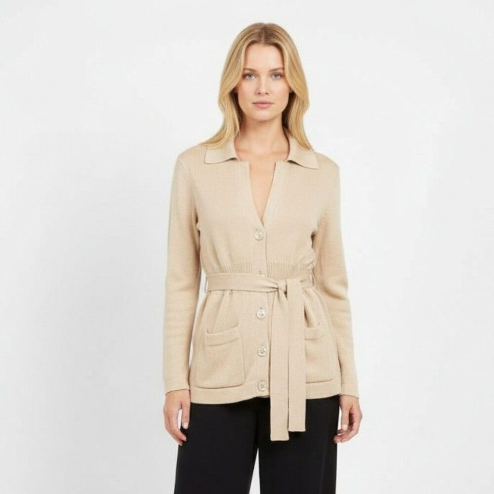 Ralph Lauren tan woven knit long sleeve button front belted cardigan, sweater L